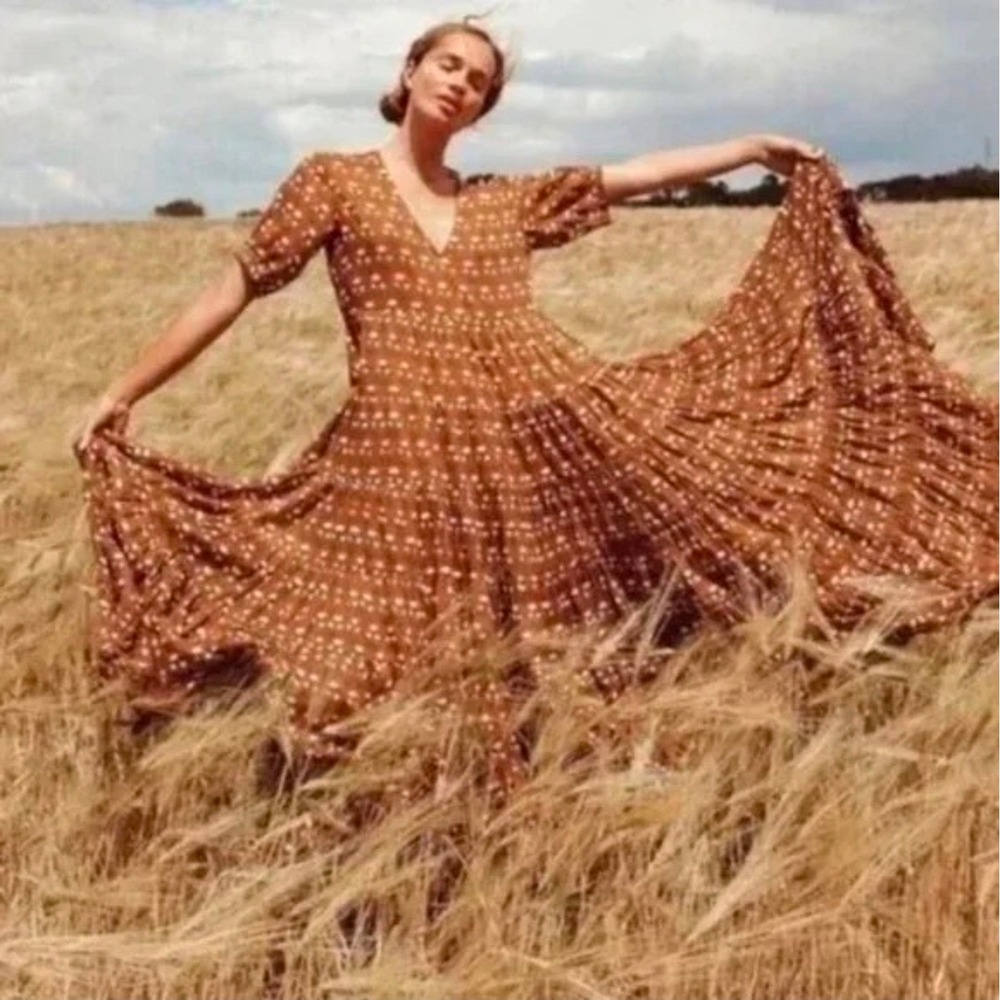 Daughters of India Kyra Maxi Dress XS Mustard Floral Block Print Boho Tiered